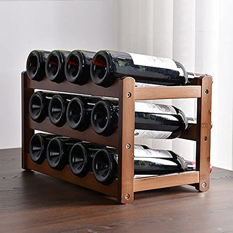 3 tier natural bamboo countertop wine rack holding 12 bottles