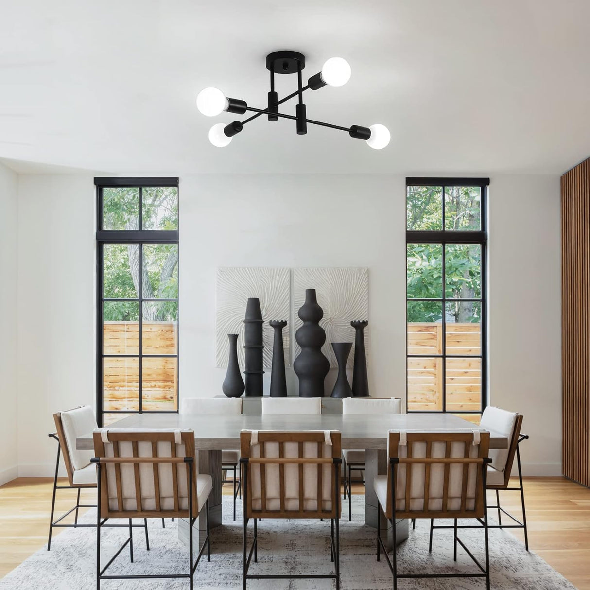 Four light mid century Sputnik chandelier in black and gold