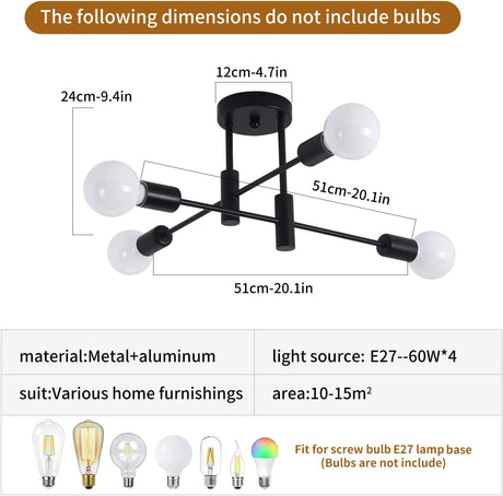 Four light mid century Sputnik chandelier in black and gold