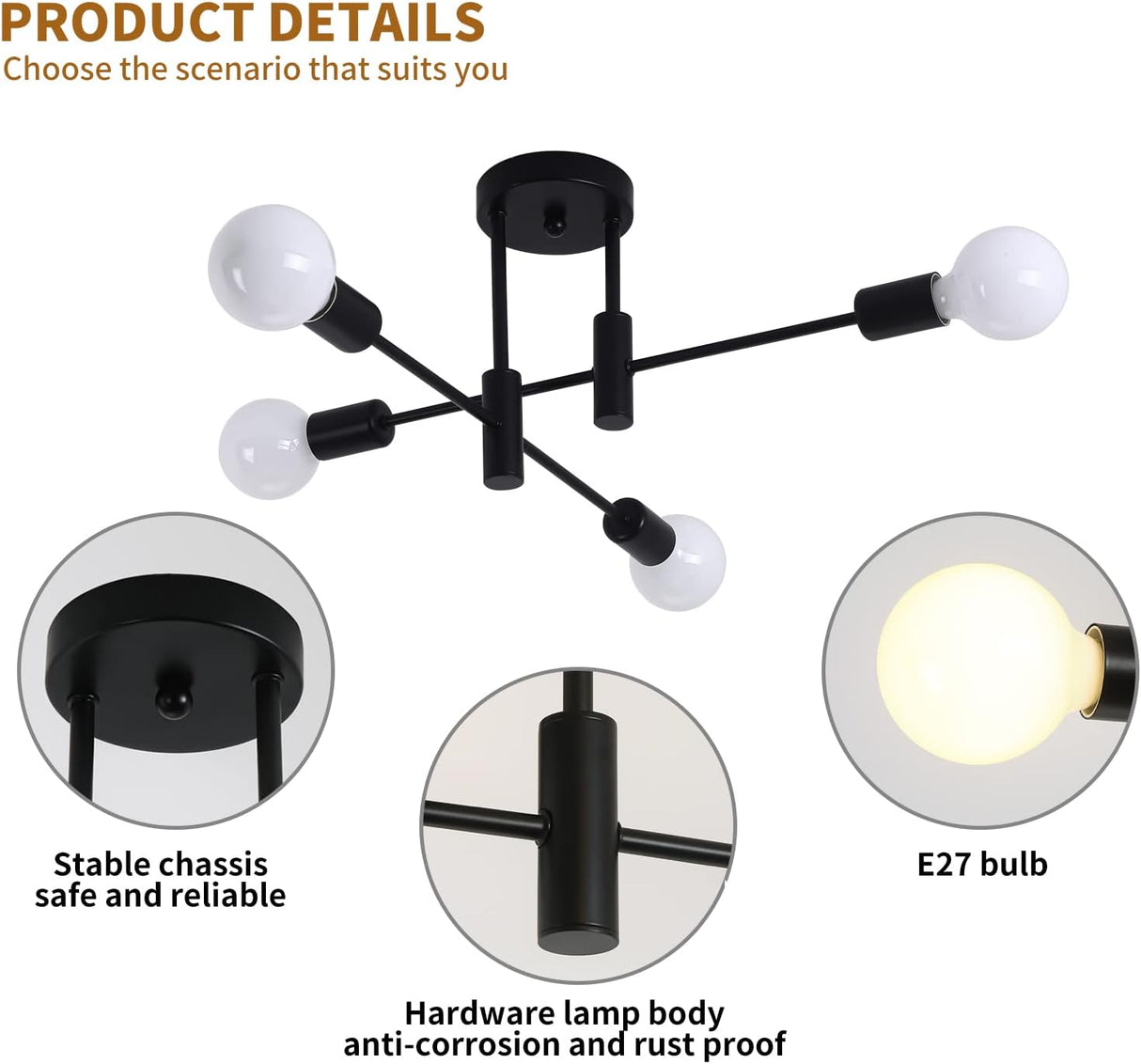 Four light mid century Sputnik chandelier in black and gold