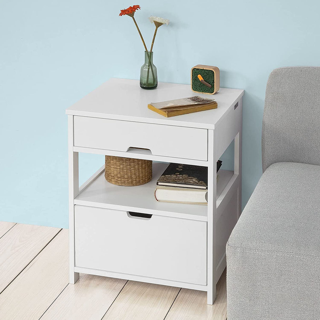 Contemporary Bedside Table with 2 Drawers and Shelf — Black and White — Allure Home Collections