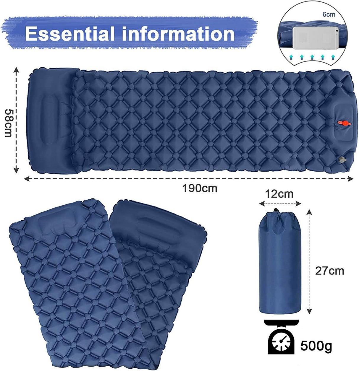 Berg Sleeping Pad, Ultralight Inflatable with Built In Pillow and Foot Pump
