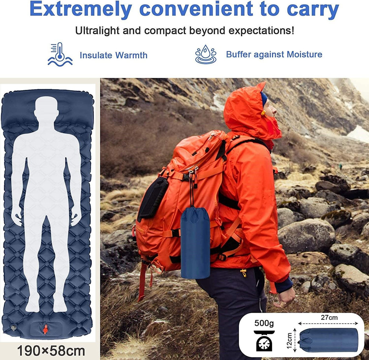 Berg Sleeping Pad, Ultralight Inflatable with Built In Pillow and Foot Pump