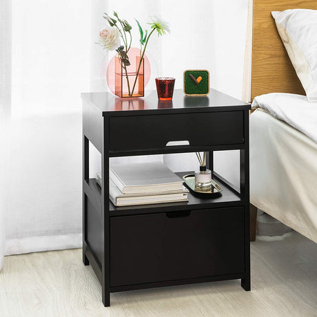 Contemporary Bedside Table with 2 Drawers and Shelf — Black and White — Allure Home Collections