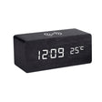 Compact wooden LED desk clock with Qi charger front view