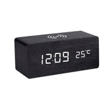 Compact wooden LED desk clock with Qi charger front view