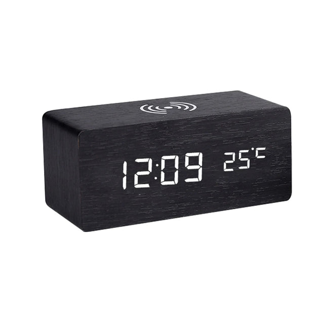 Compact wooden LED desk clock with Qi charger front view