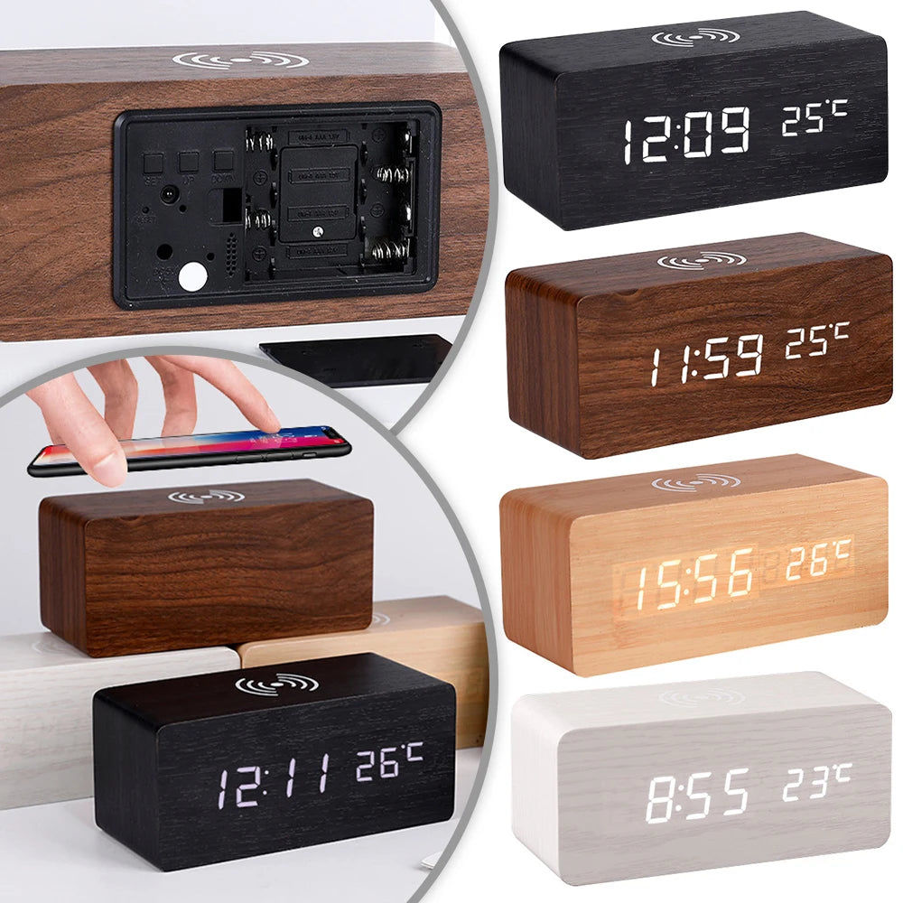 Compact wooden LED desk clock with Qi charger angled view