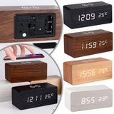 Compact wooden LED desk clock with Qi charger angled view