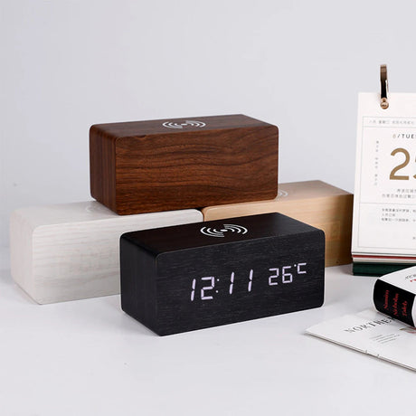 Compact wooden LED desk clock with Qi charger side view