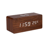 Wooden LED desk clock with Qi charger front view