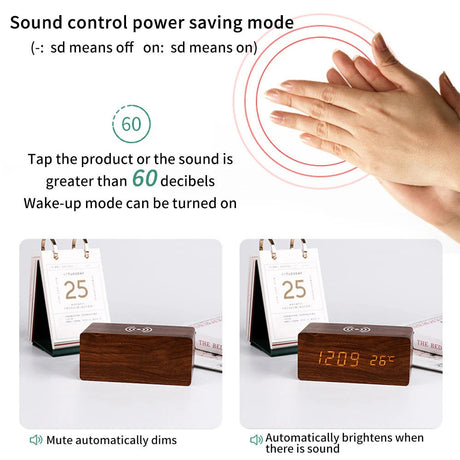 Wooden LED desk clock with Qi charger angled view