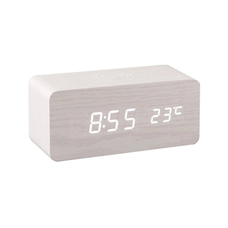 Wooden LED desk clock with Qi charger front view