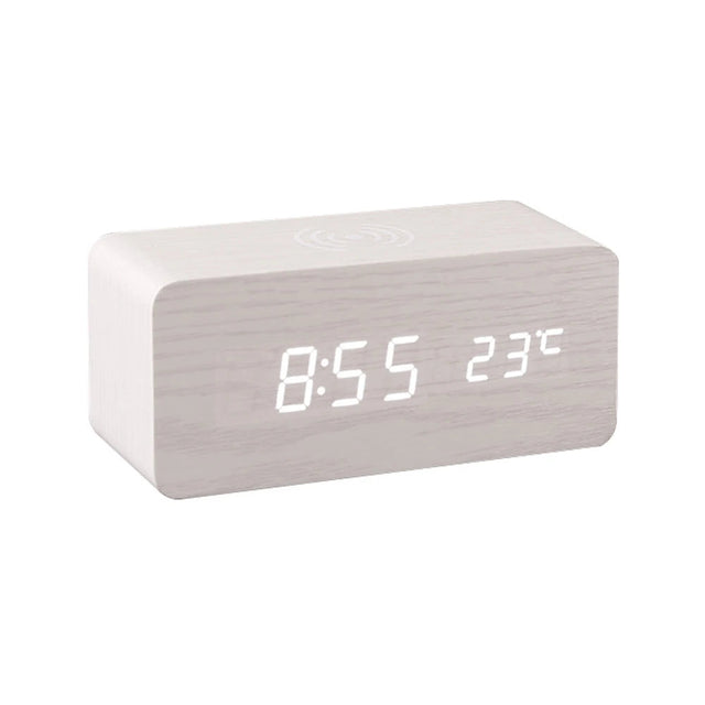 Wooden LED desk clock with Qi charger front view
