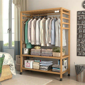 Iznajar three tier bamboo rolling garment rack with hooks