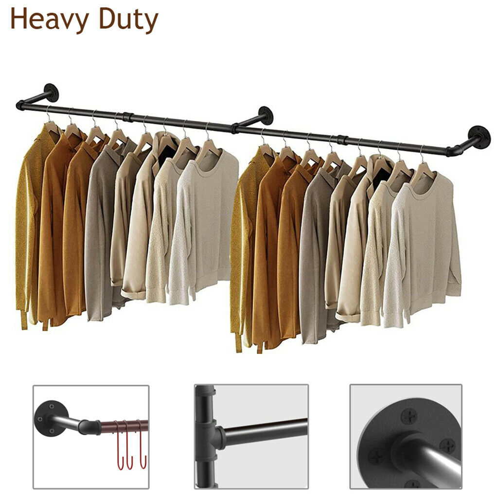 Industrial iron pipe wall mounted clothes rail with hooks