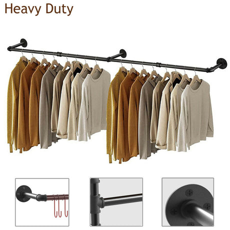Industrial iron pipe wall mounted clothes rail with hooks