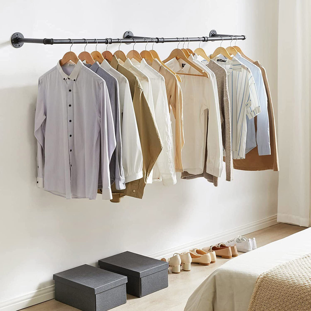 Industrial iron pipe wall mounted clothes rail with hooks