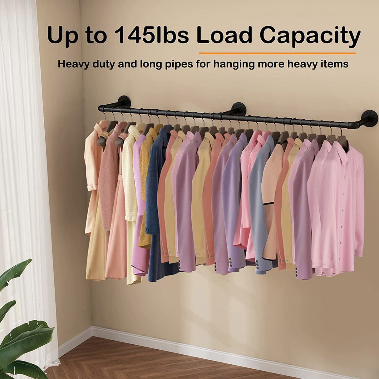 Industrial iron pipe wall mounted clothes rail with hooks