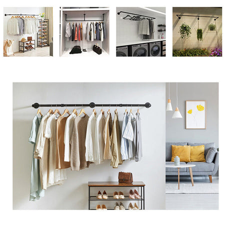 Industrial iron pipe wall mounted clothes rail with hooks