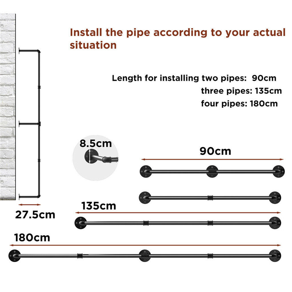 Industrial iron pipe wall mounted clothes rail with hooks