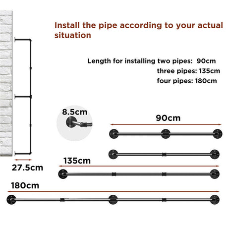 Industrial iron pipe wall mounted clothes rail with hooks