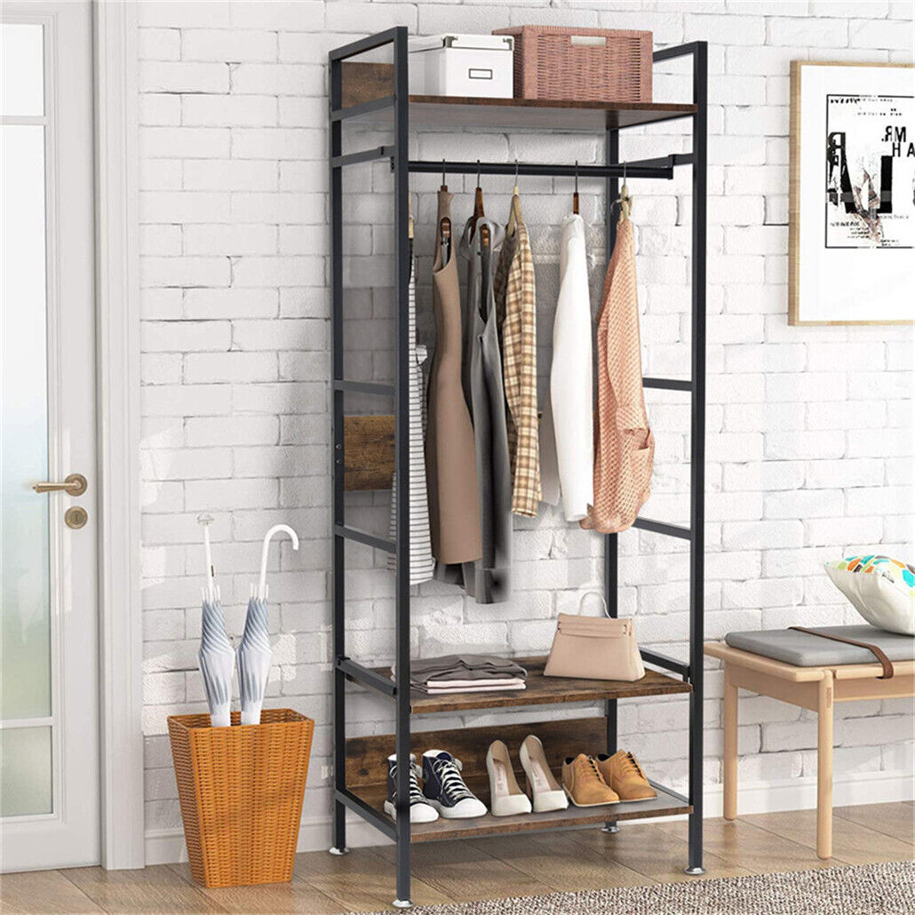 Metal garment rack coat stand with adjustable shelves