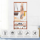 Bamboo five tier coat and shoe rack with hooks