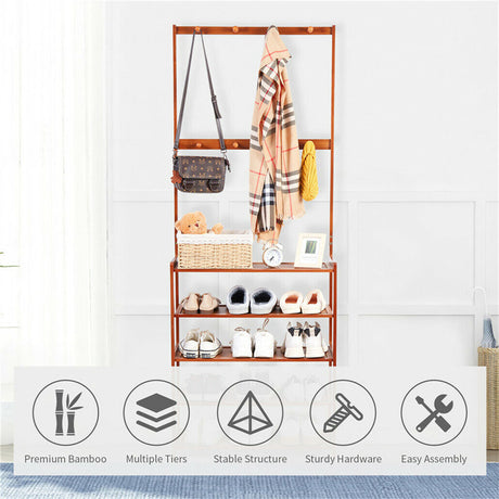 Bamboo five tier coat and shoe rack with hooks