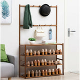 Bamboo five tier coat and shoe rack with hooks