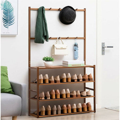 Bamboo five tier coat and shoe rack with hooks