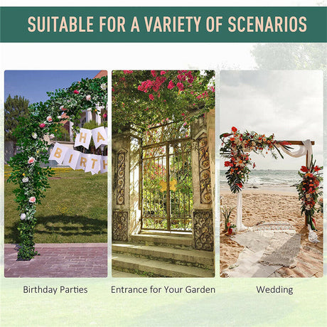 White metal garden arch decorated with fabric and flowers for an outdoor event