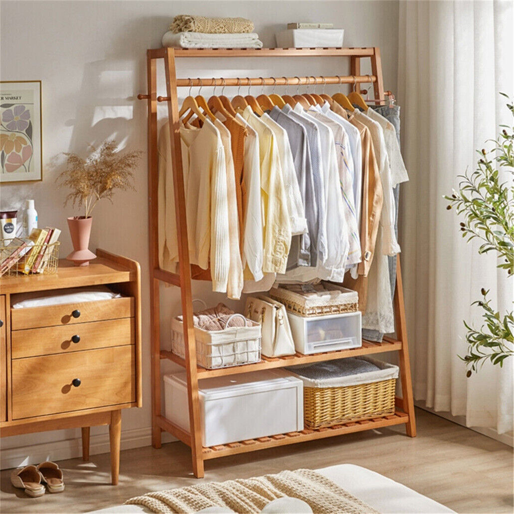 Eco-Friendly Bamboo Garment Rack with Wheels