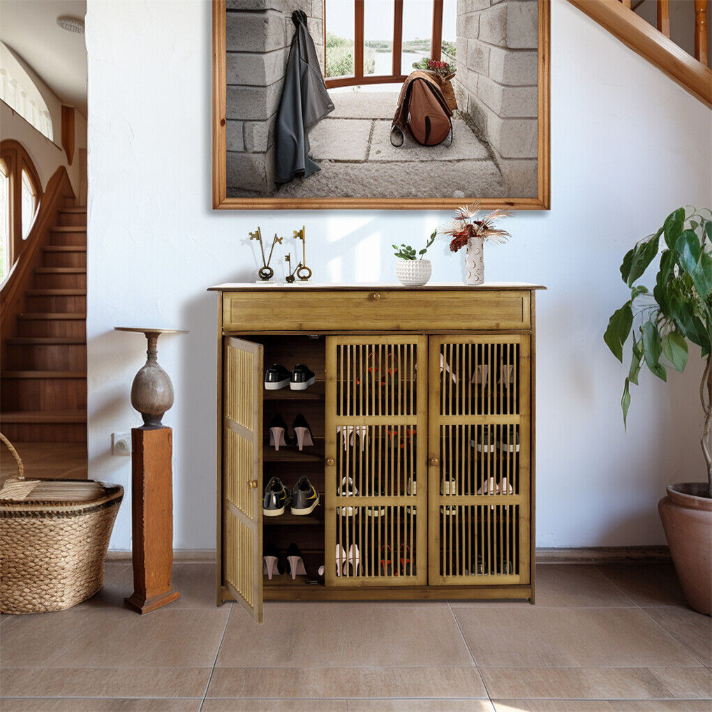 XXL 4-Tier Bamboo Shoe Rack Cabinet with Doors and Drawers — 16 to 18 Pairs — Allure Home Collections