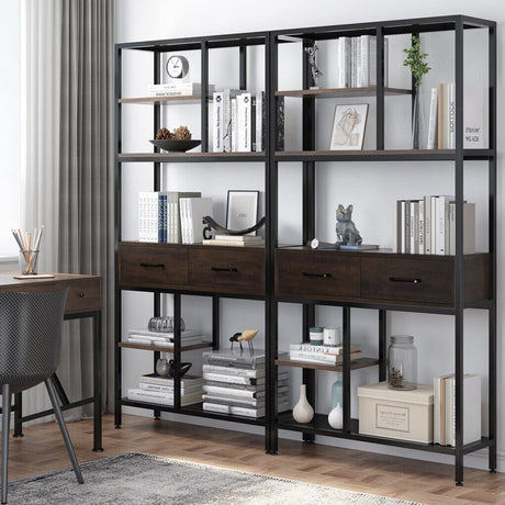 Rustic industrial storage bookshelf with two drawers