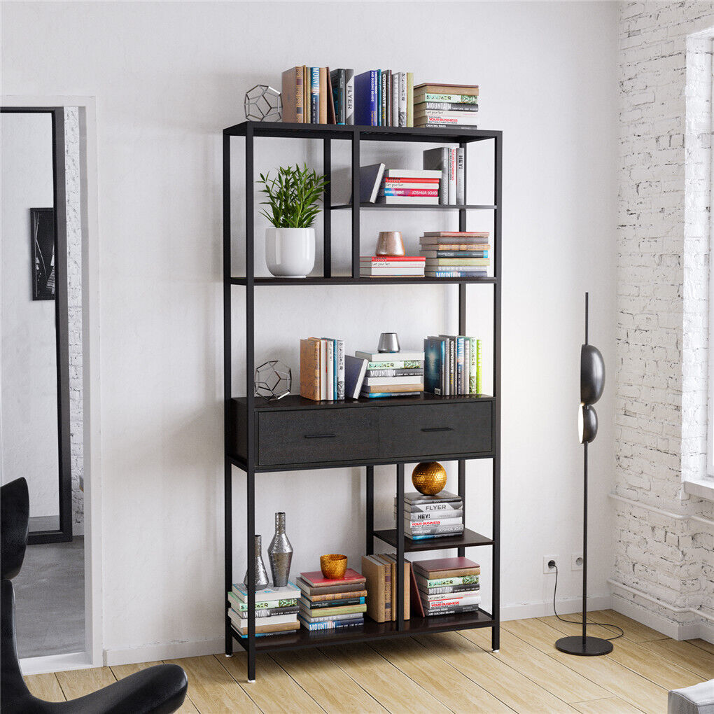 Rustic industrial storage bookshelf with two drawers
