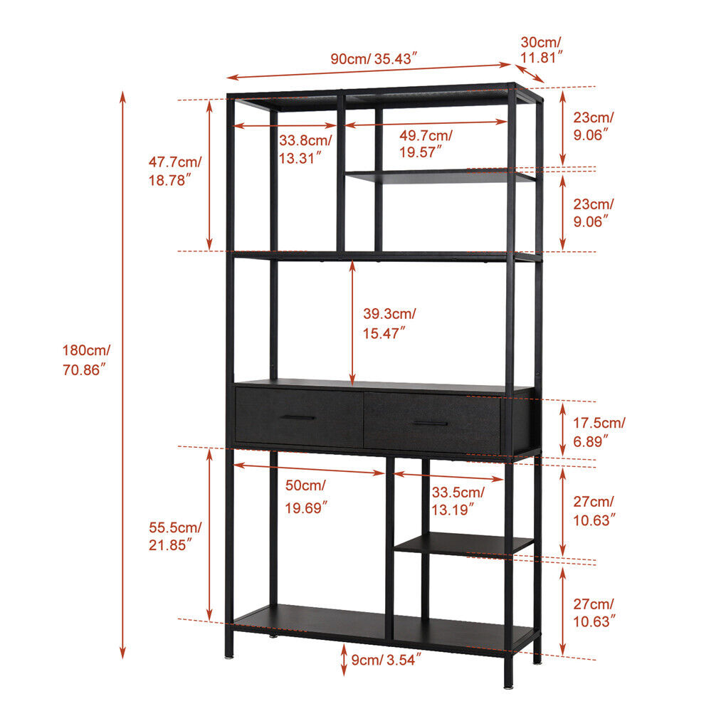 Rustic industrial storage bookshelf with two drawers