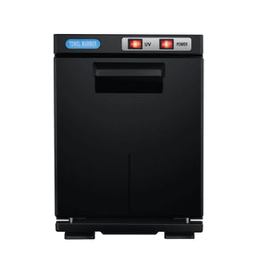 Black 5 litre towel warmer cabinet with UV lamp, front view with door closed