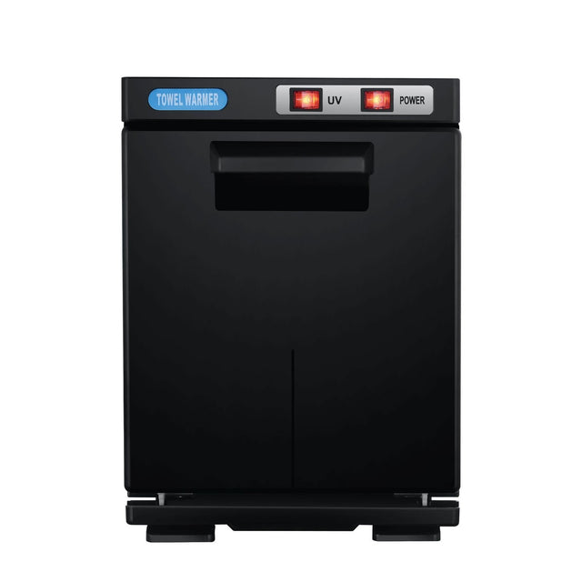 Black 5 litre towel warmer cabinet with UV lamp, front view with door closed