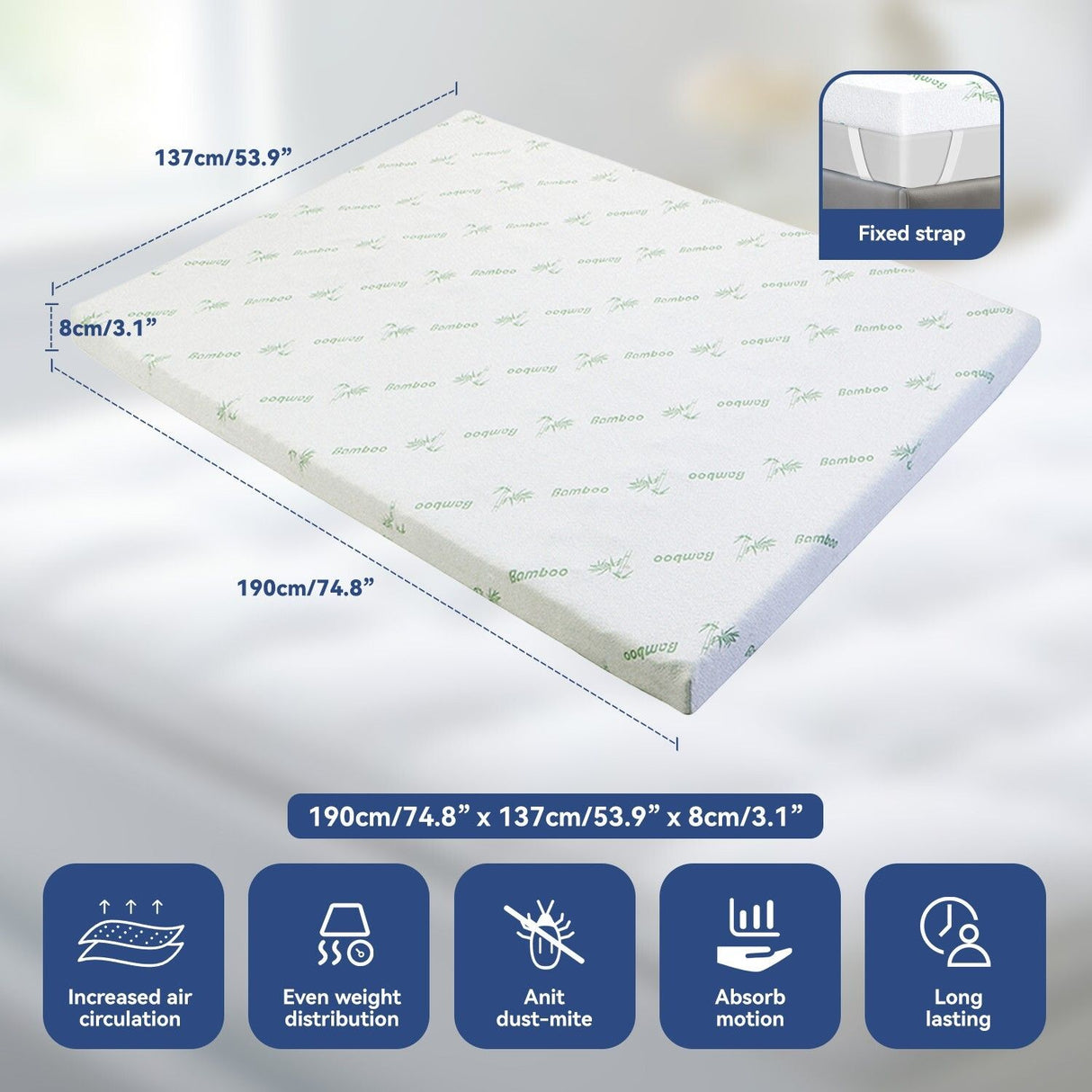 7-Zone Bamboo Memory Foam Mattress Topper — Breathable, Cooling Comfort — Allure Home Collections