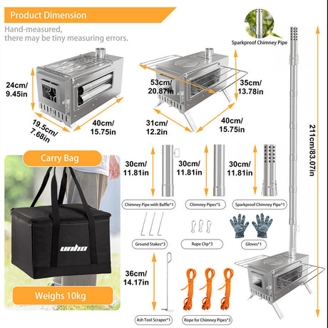 Stainless Steel Wood Burner Stove for Camping w/ Chimney & Bag