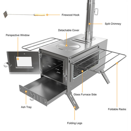 Stainless Steel Wood Burner Stove for Camping w/ Chimney & Bag