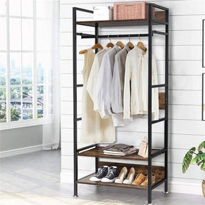 Three tier clothes rack with hanging rail and adjustable shelves