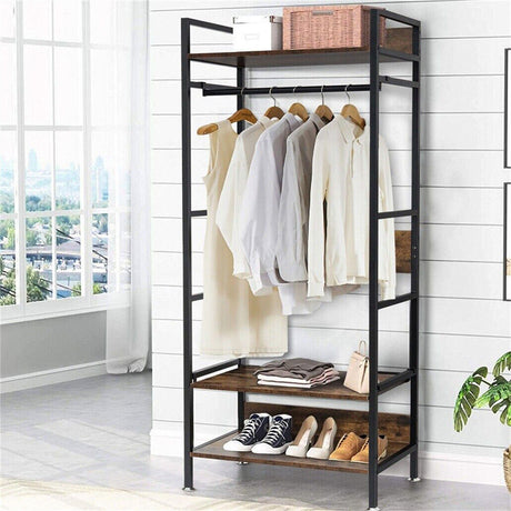 Three tier clothes rack with hanging rail and adjustable shelves