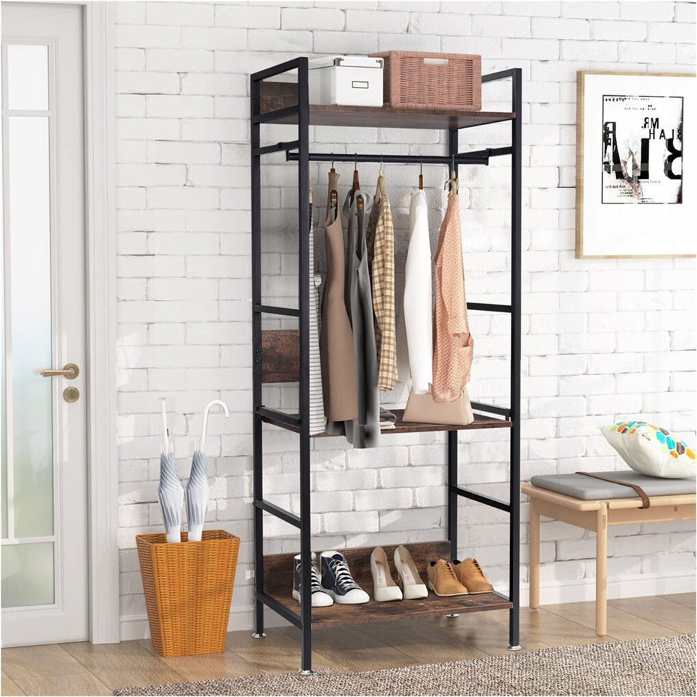 Three tier clothes rack with hanging rail and adjustable shelves