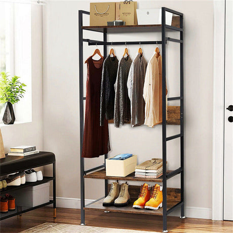 Three tier clothes rack with hanging rail and adjustable shelves