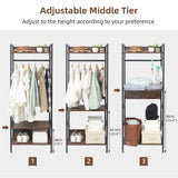 Three tier clothes rack with hanging rail and adjustable shelves