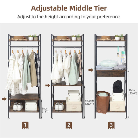 Three tier clothes rack with hanging rail and adjustable shelves