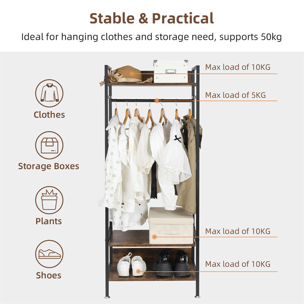Three tier clothes rack with hanging rail and adjustable shelves