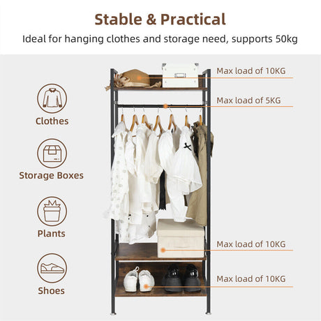 Three tier clothes rack with hanging rail and adjustable shelves